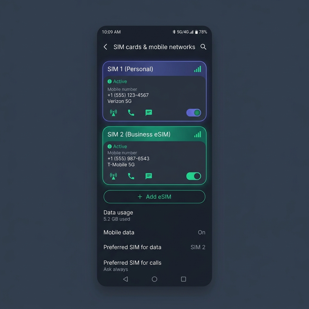Android SIM Manager settings mockup showing two active SIMs