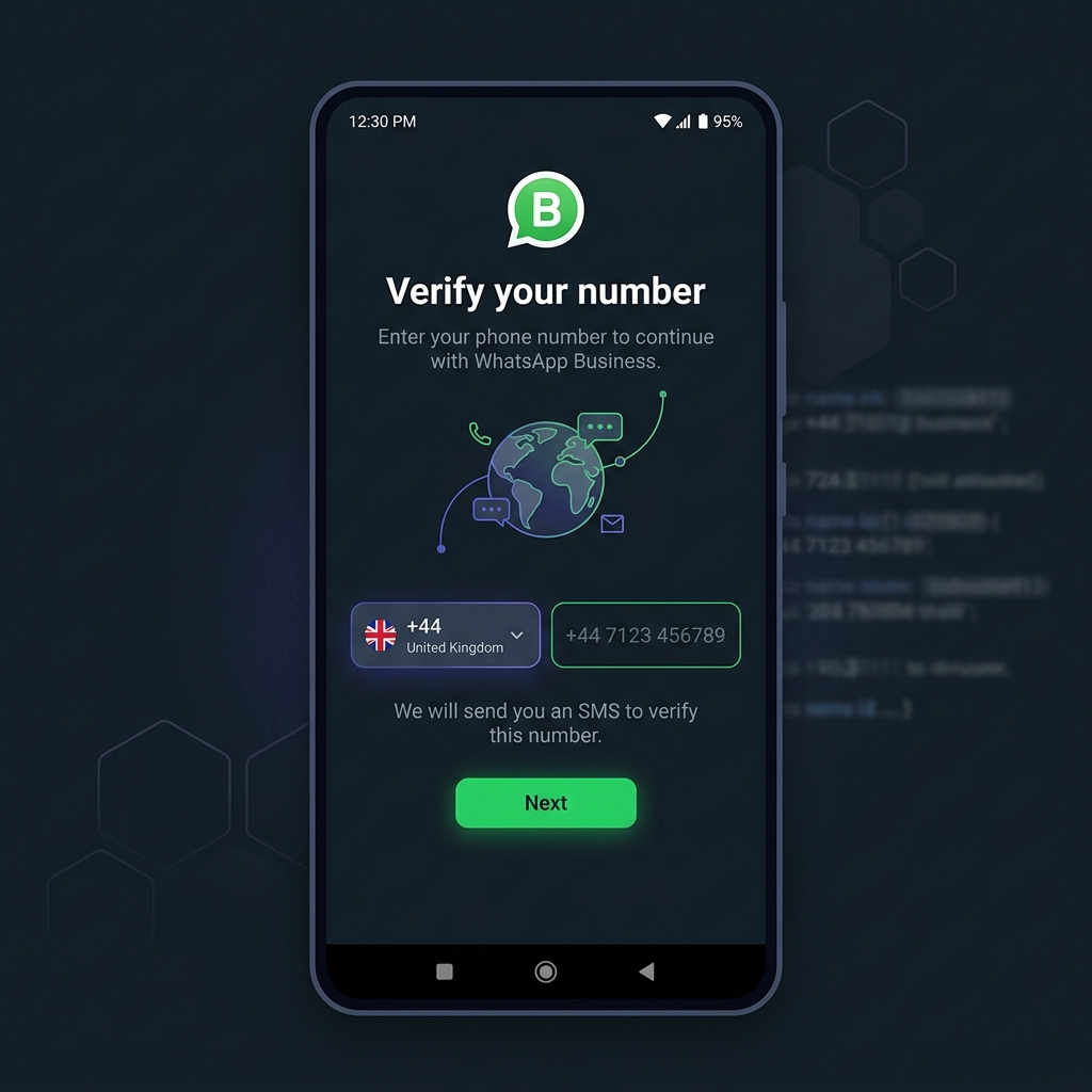 WhatsApp Business number entry mockup showing +44 country selector