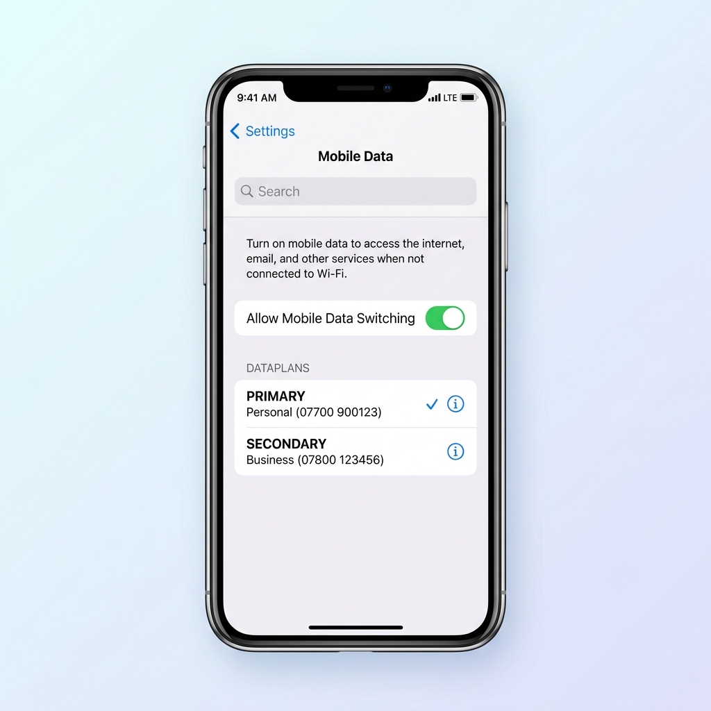 iPhone Settings showing Allow Mobile Data Switching turned on